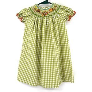 Be Mine‎ Size 3T Smocked Dress Green White Gingham Owl Tree Embroidered Design